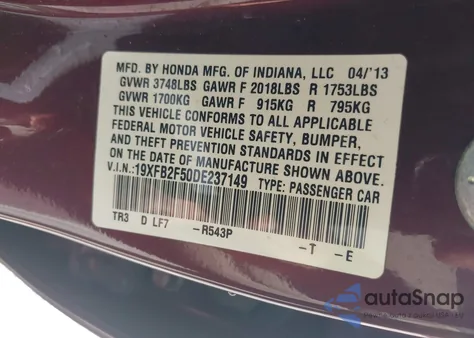 2013 Honda Civic Lx from USA, damaged, VIN 19XFB2F50DE237149